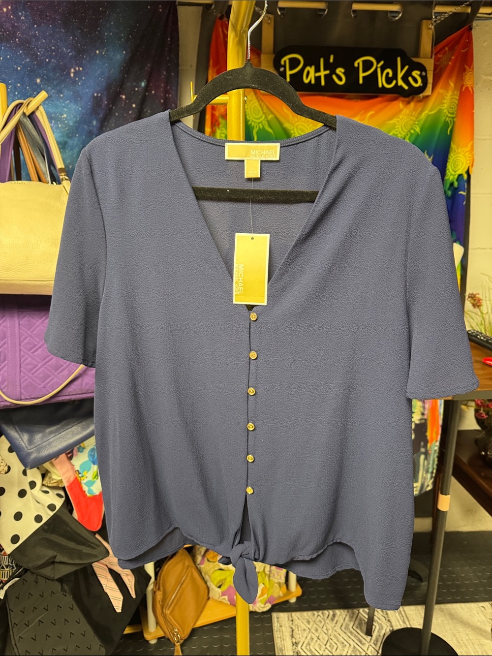 MICHAEL Michael Kors Navy Short-Sleeve V-Neck Button Tie Top